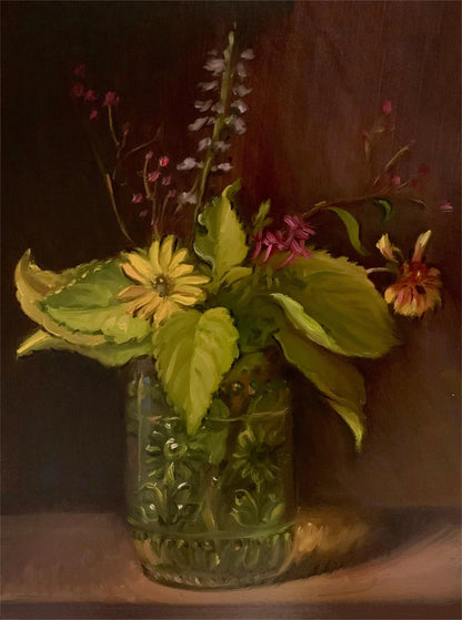Still life painting of a glass vase with flowers on a dark background