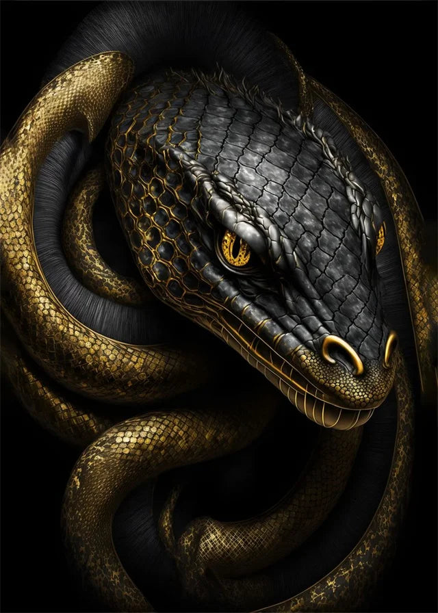 Close-up of a coiled snake with detailed scales on a dark background