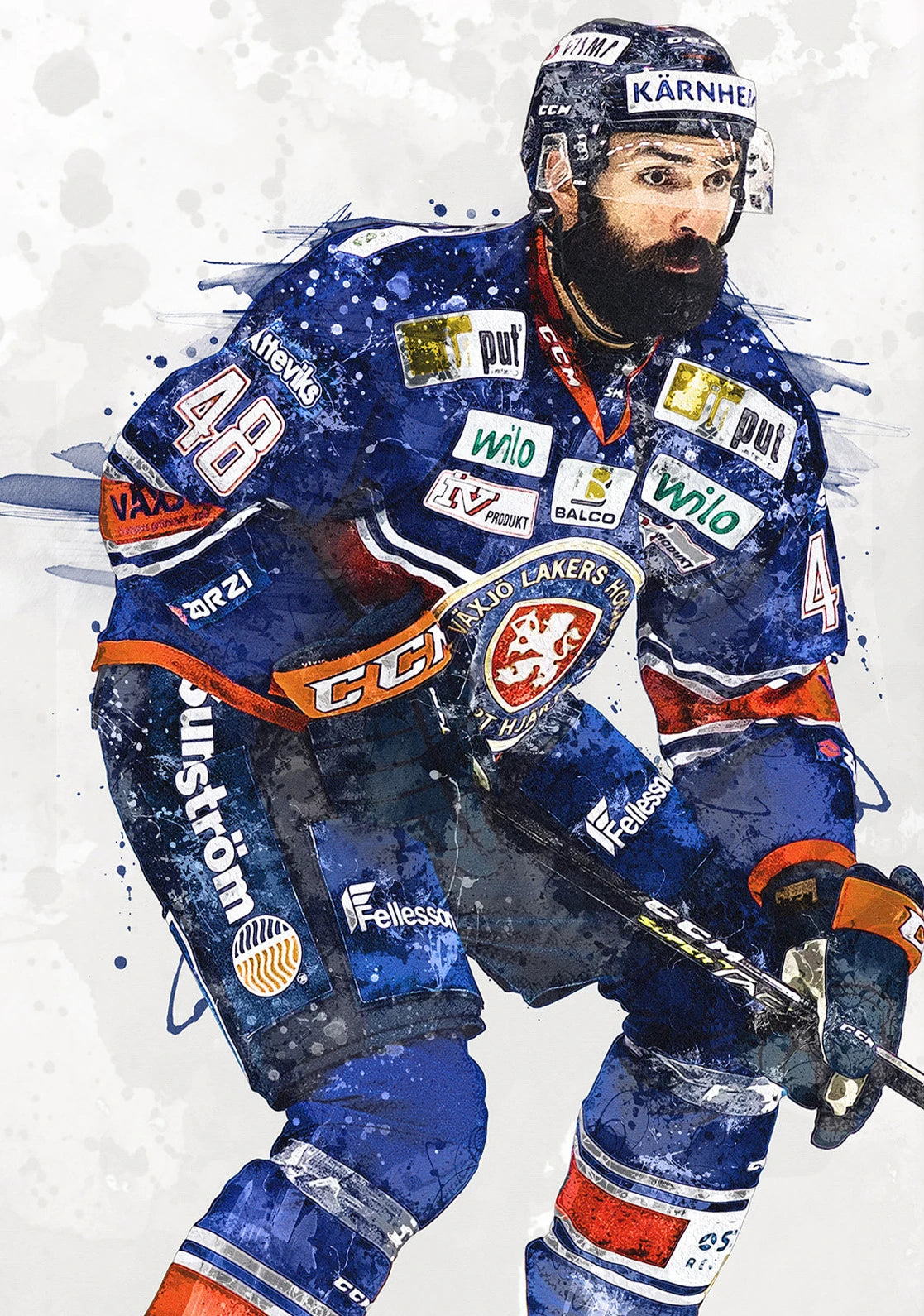 Hockey player in a blue and white uniform with a helmet and gloves on a light gray background.