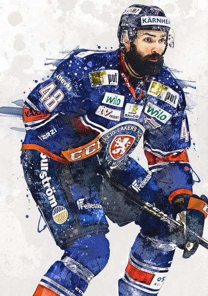 Hockey player in a blue and white uniform with a helmet and gloves on a light gray background.