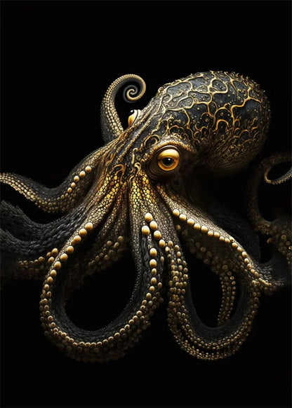 Close-up of a detailed octopus with gold accents on a black background