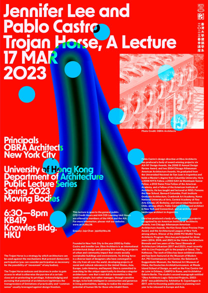 Promotional poster for 'Trojan Horse, A Lecture' featuring Jennifer Lee and Pablo Castro on a red background with blue and green abstract design.