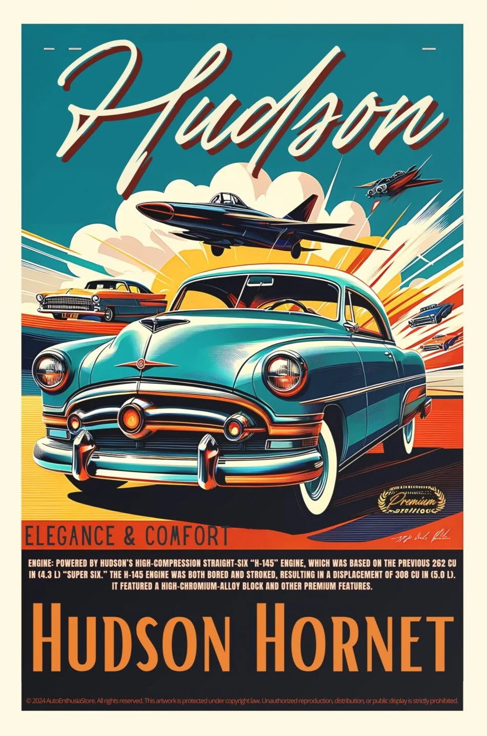 Vintage-style advertisement for Hudson Hornet car with airplane and cloud background