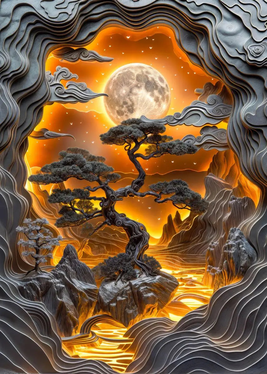 Artistic depiction of a mountain landscape with a tree and a moon in the sky.