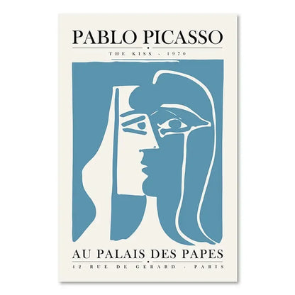 Poster of Pablo Picasso's 'The Kiss' with blue and white line art on a beige background.