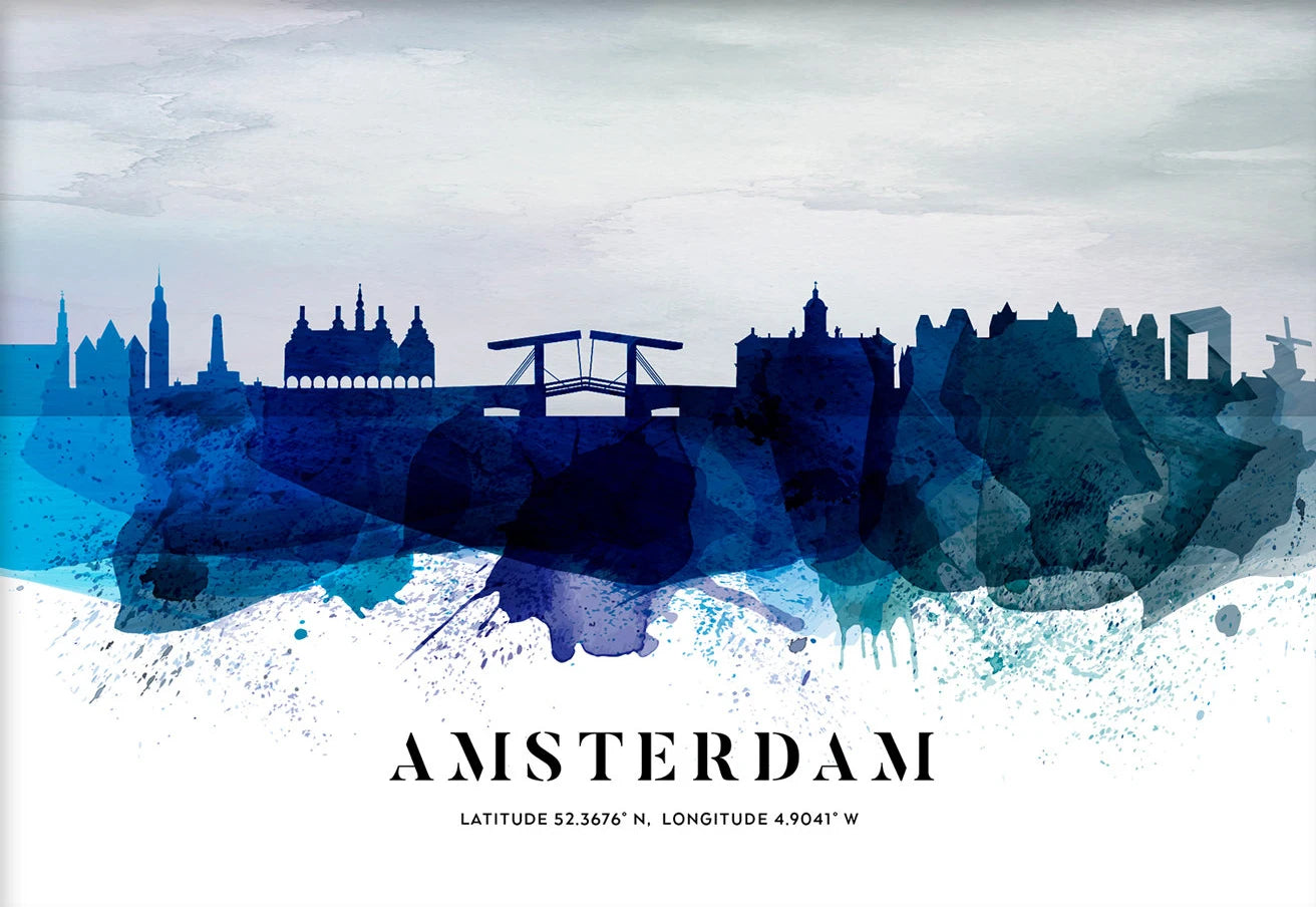 Artistic depiction of Amsterdam skyline with watercolor texture