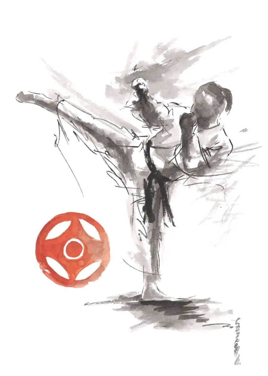 Artistic depiction of a martial artist in a dynamic pose with a red circular emblem.