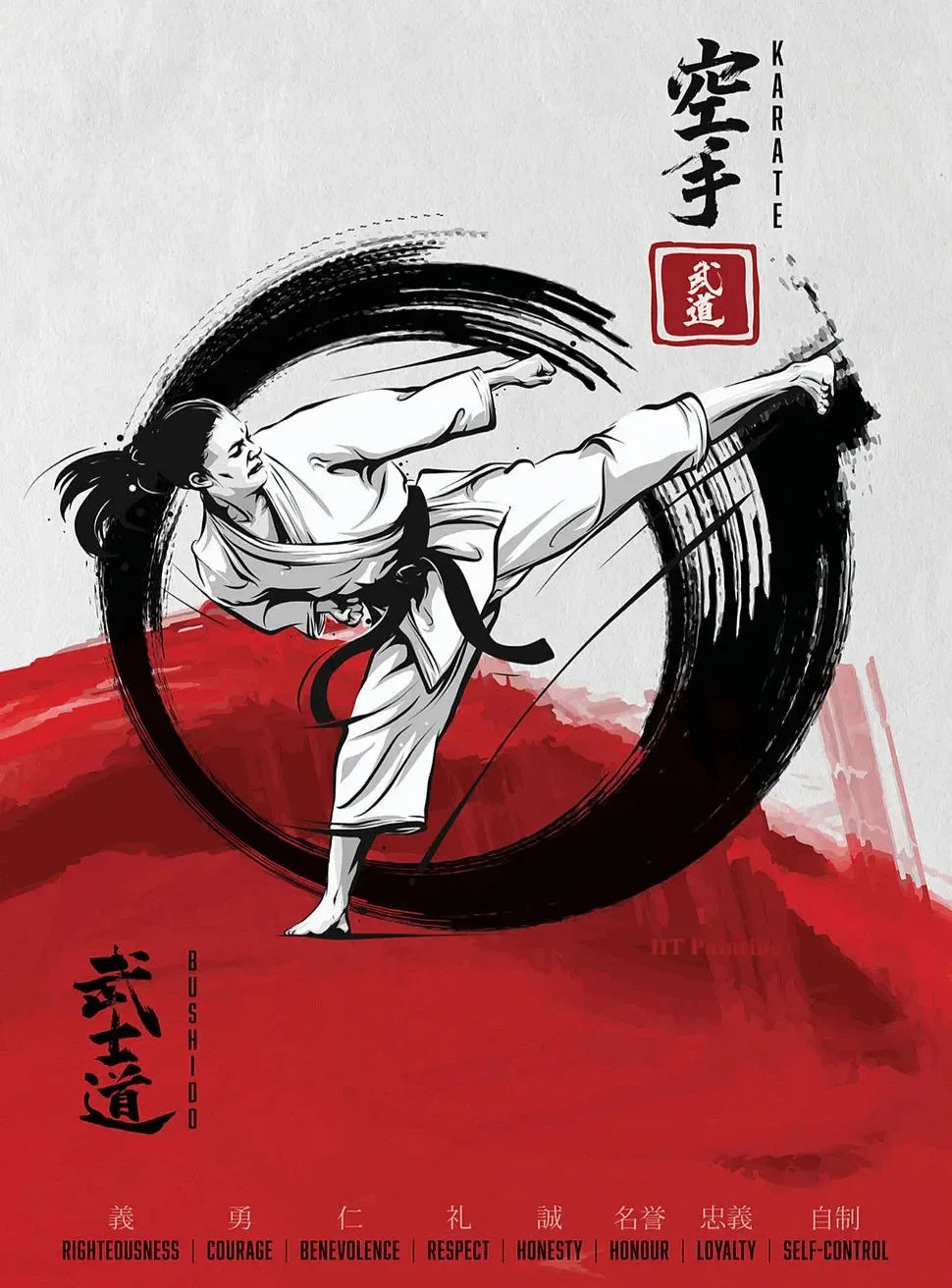 Karate illustration with a person performing a kick through a tire, set against a red and gray background.