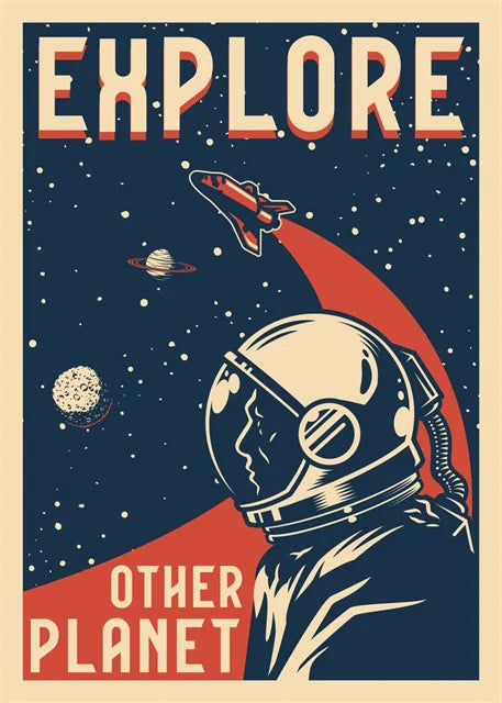 Vintage-style poster with an astronaut, rocket, and planets, featuring the text 'EXPLORE OTHER PLANET'.
