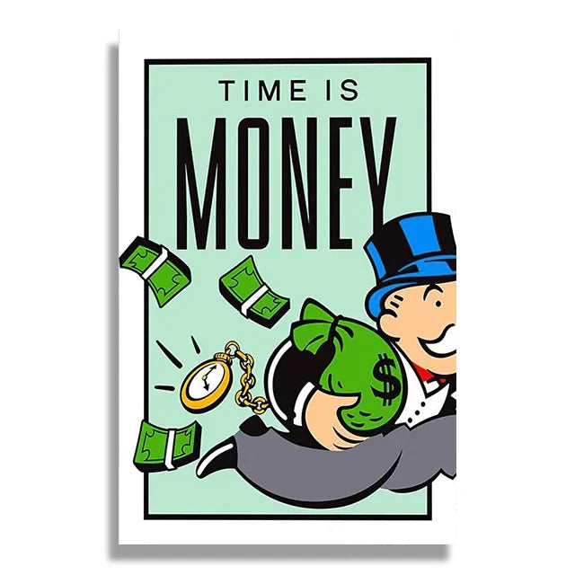 Cartoon character with money and clock, 'Time is Money' text on light green background