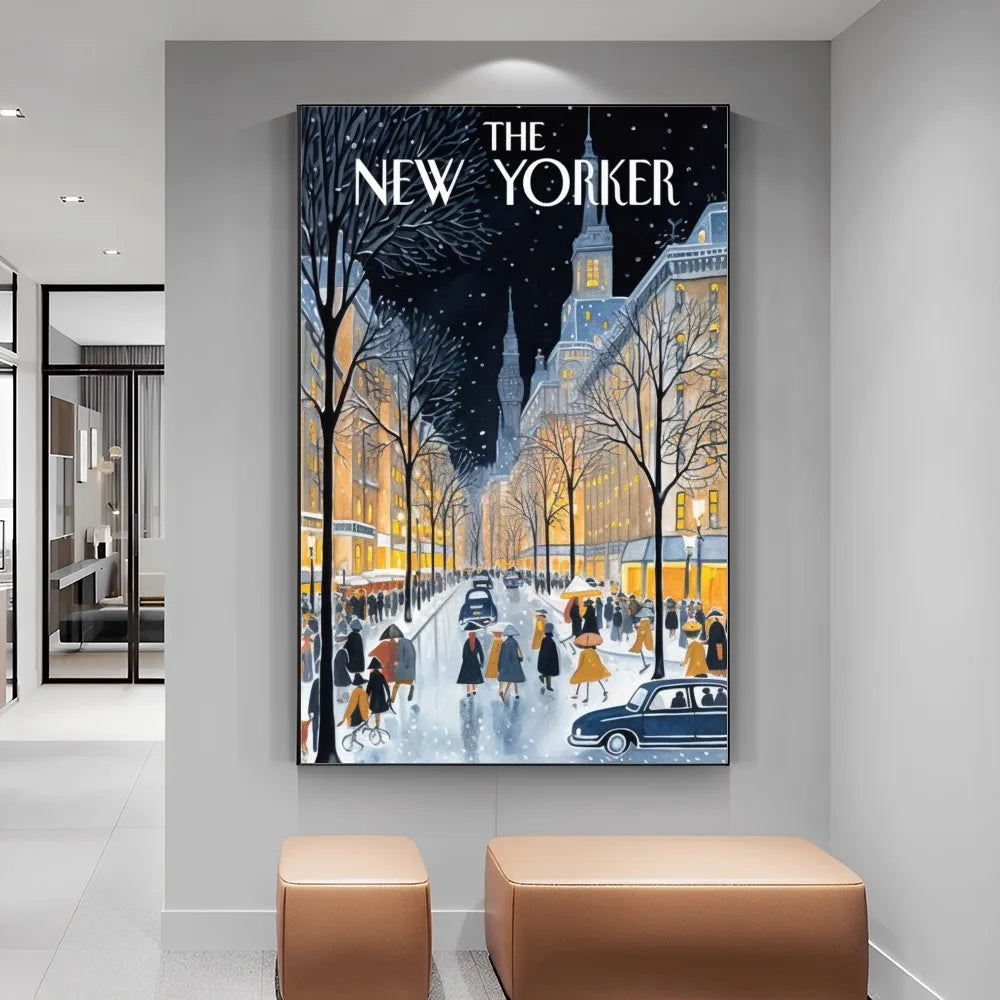 Framed artwork of 'The New Yorker' magazine cover on a wall in a modern interior setting.