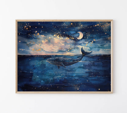Framed artwork of a whale in water with a starry night sky and moon.