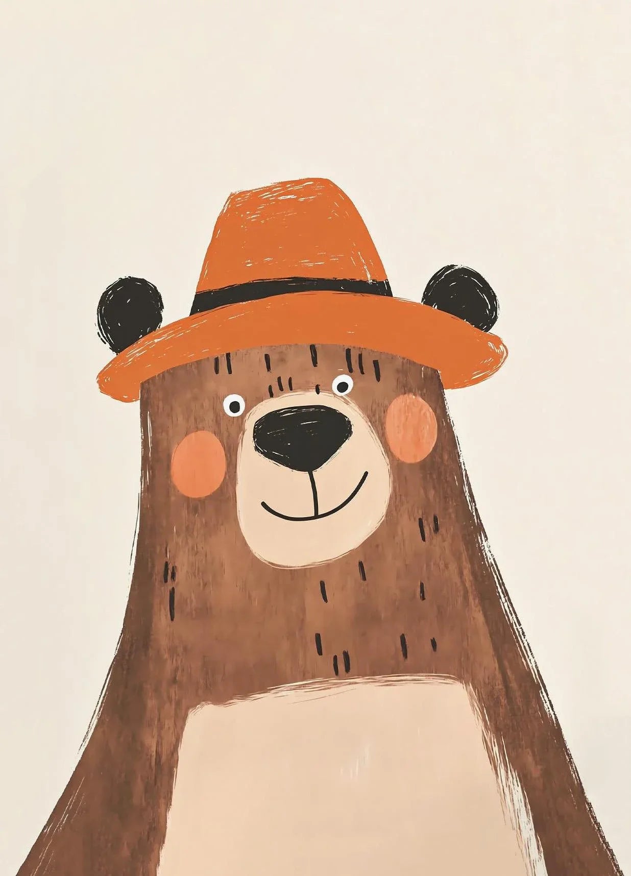Illustration of a bear wearing an orange hat on a beige background