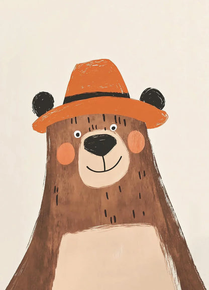 Illustration of a bear wearing an orange hat on a beige background