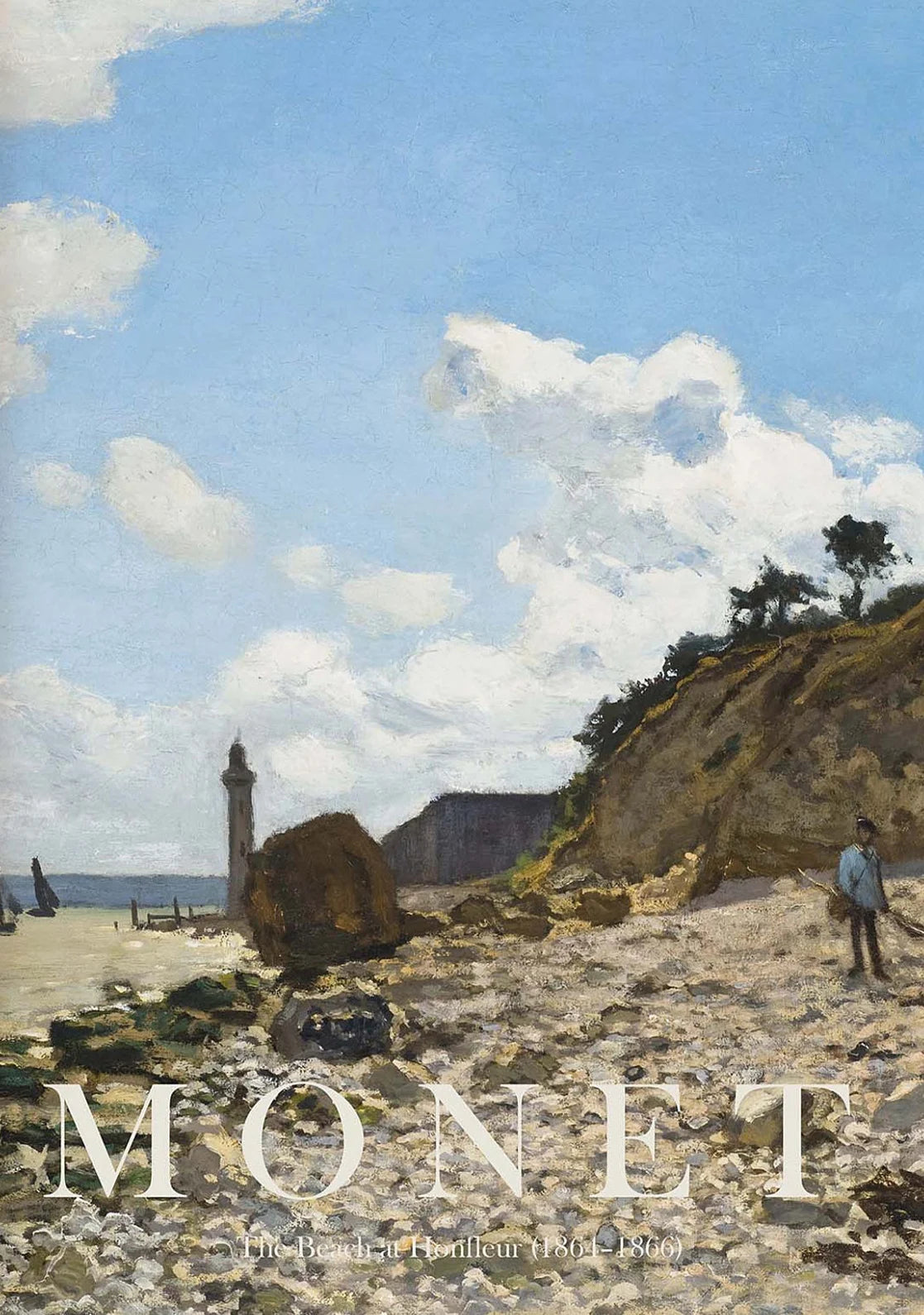 Painting of a beach scene with a lighthouse and people, featuring the artist's name 'Monet'.