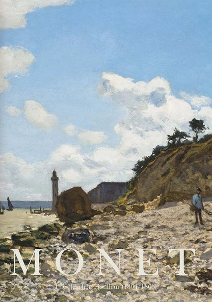 Painting of a beach scene with a lighthouse and people, featuring the artist's name 'Monet'.
