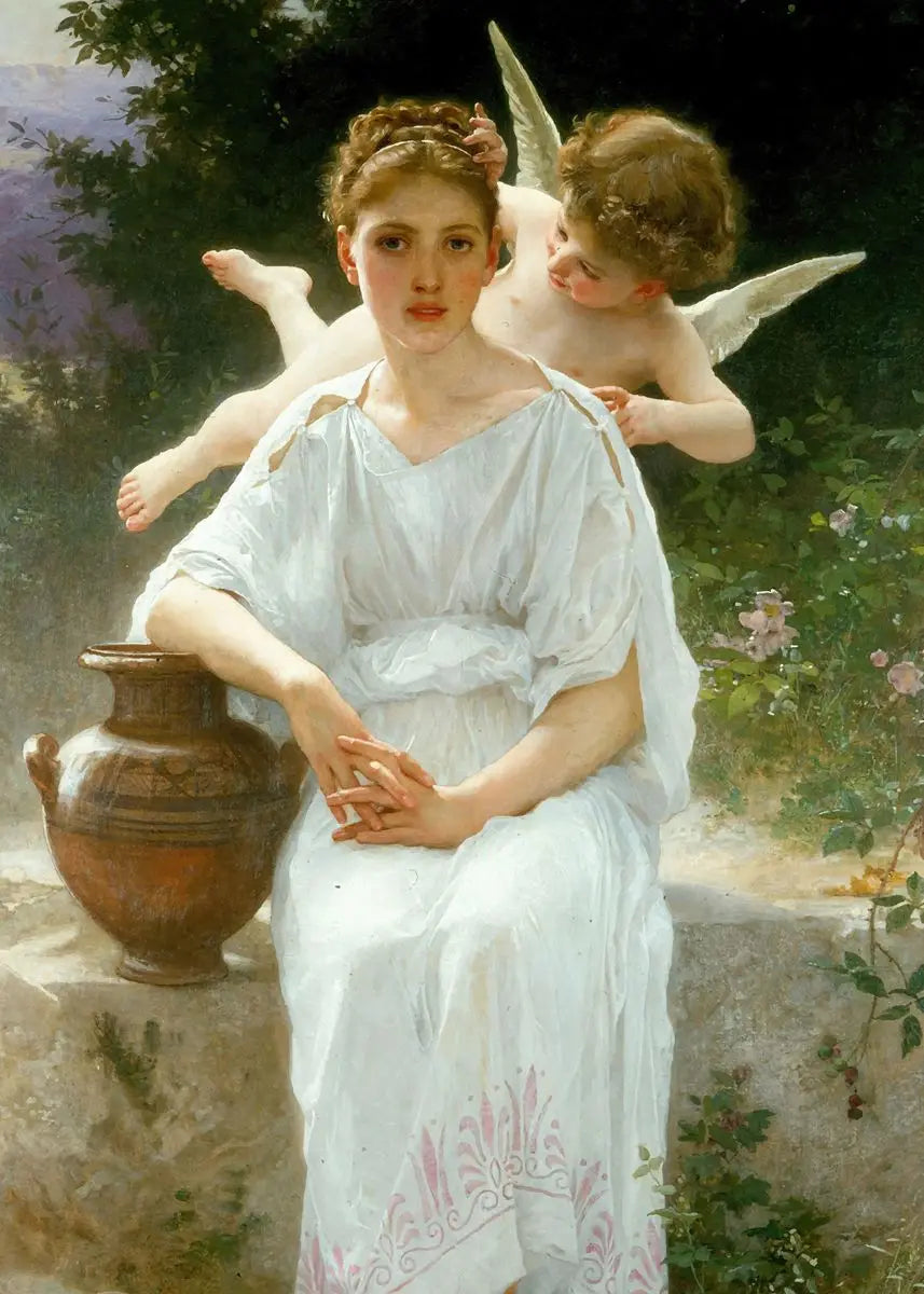 Woman in a white dress with two cherubs in a garden setting