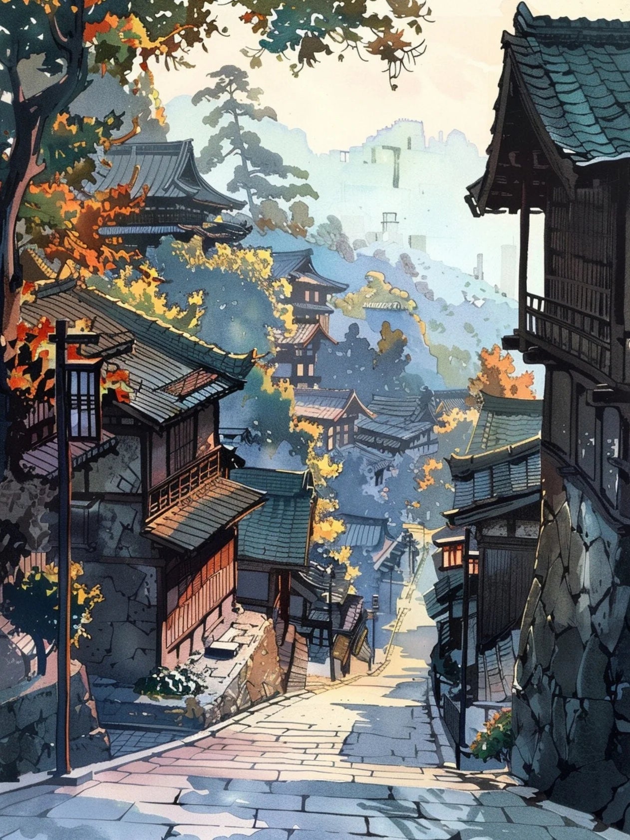 Traditional Japanese village with wooden houses and stone pathways, surrounded by trees with autumn foliage.