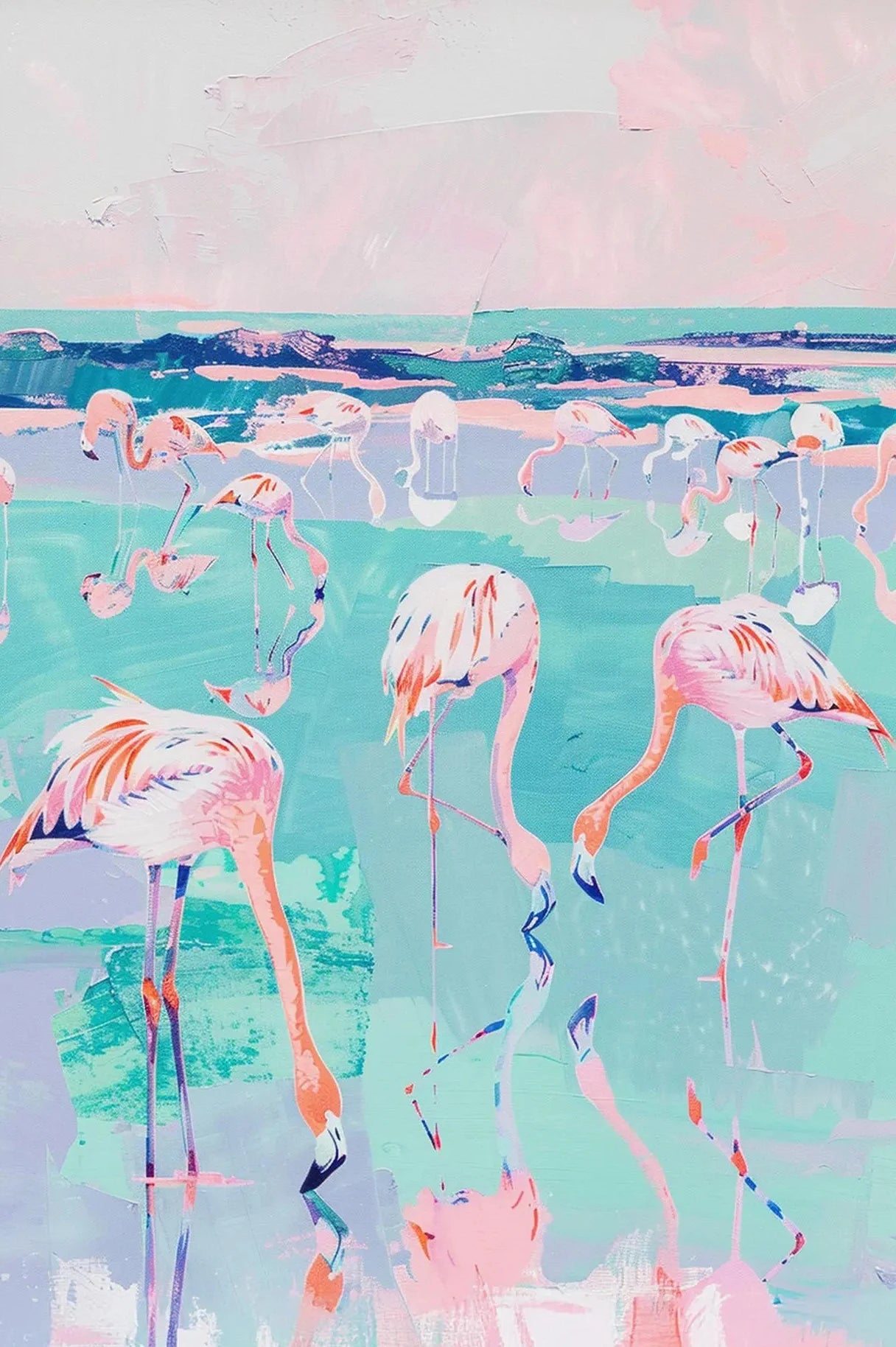 Illustration of pink flamingos in a watercolor style with a pastel color palette.