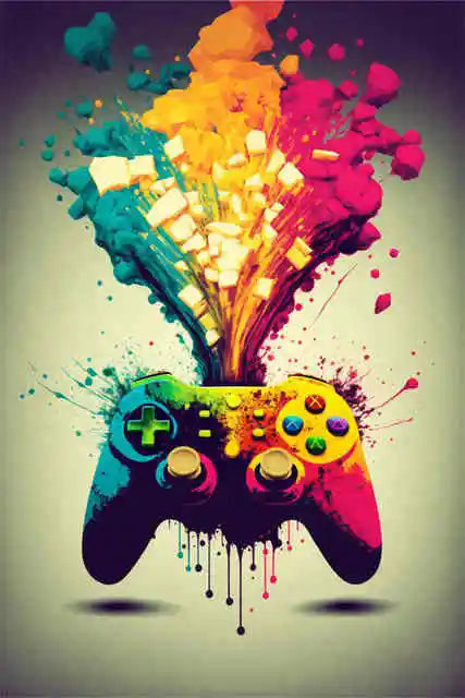 Colorful gaming controller with splashes of paint on a gray background