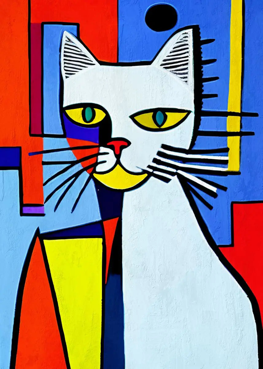 Colorful abstract painting of a cat with geometric shapes