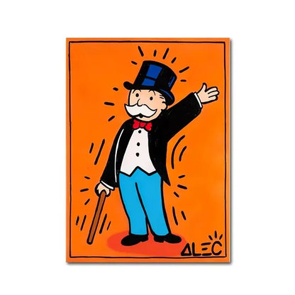 Cartoon character in a top hat and suit on an orange background, with 'Alec' signature.