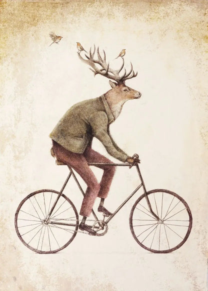 Deer wearing a jacket and riding a bicycle with birds on its antlers against a textured beige background.