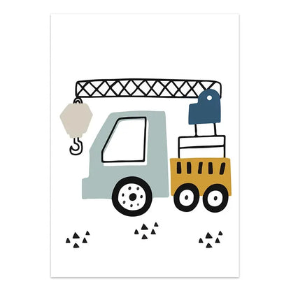 Illustration of a crane and dump truck on a white background