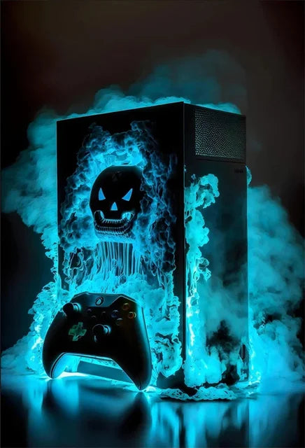 Gaming console and controller with blue smoke effect on a dark background
