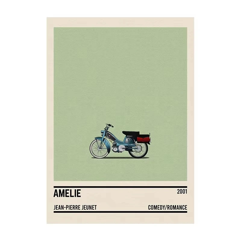 Poster of a vintage scooter with movie information on a light green background