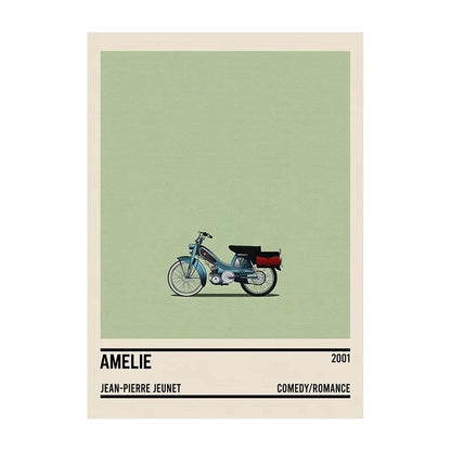 Poster of a vintage scooter with movie information on a light green background