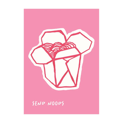 Illustration of a takeout container with noodles on a pink background, featuring the text 'SEND NOODS'.