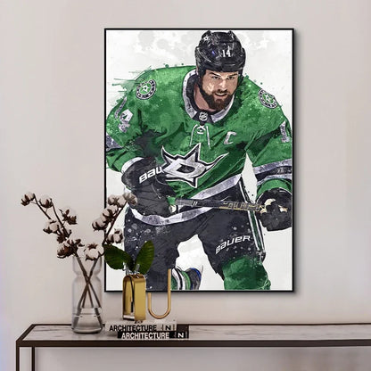 Framed artwork of a hockey player in a green jersey on a wall above a table.