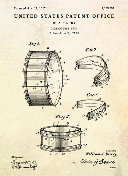 United States Patent Office patent illustration of a collapsible drum design.