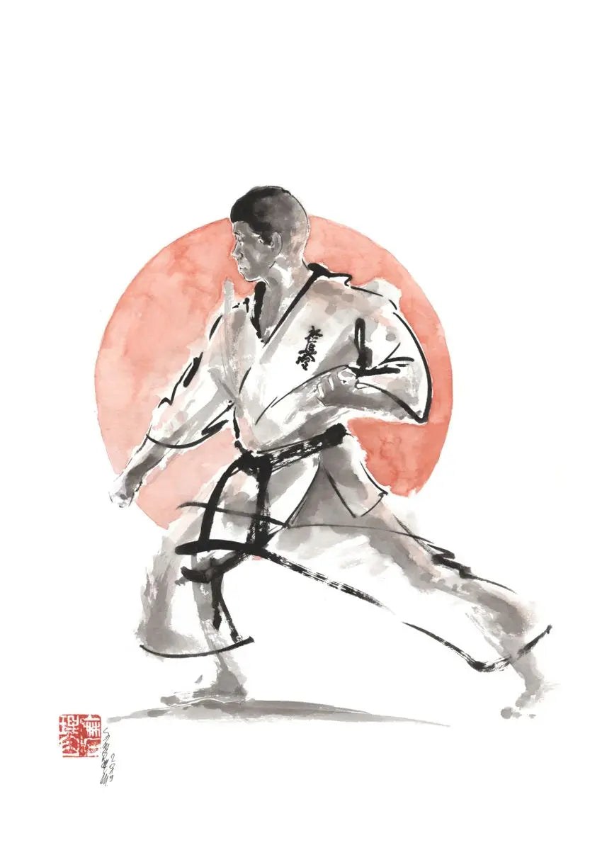 Artistic depiction of a martial artist in a dynamic pose with a pink circular background