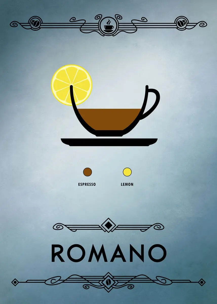Minimalist design of an espresso cup with a lemon slice on a gray background, featuring the brand 'Romo'.