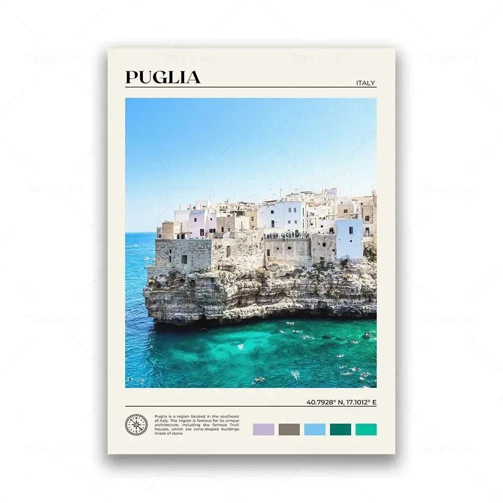 Framed artwork of Puglia, Italy with coastal scene and text.