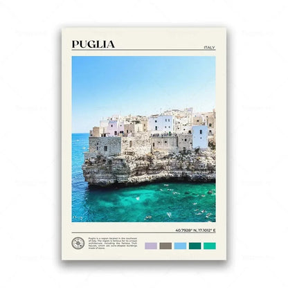 Framed artwork of Puglia, Italy with coastal scene and text.