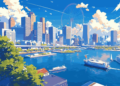 City skyline with modern buildings, a Ferris wheel, and boats on a river.
