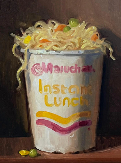 Painting of a cup labeled 'Maichan Instant Lunch' with noodles and vegetables on a dark background