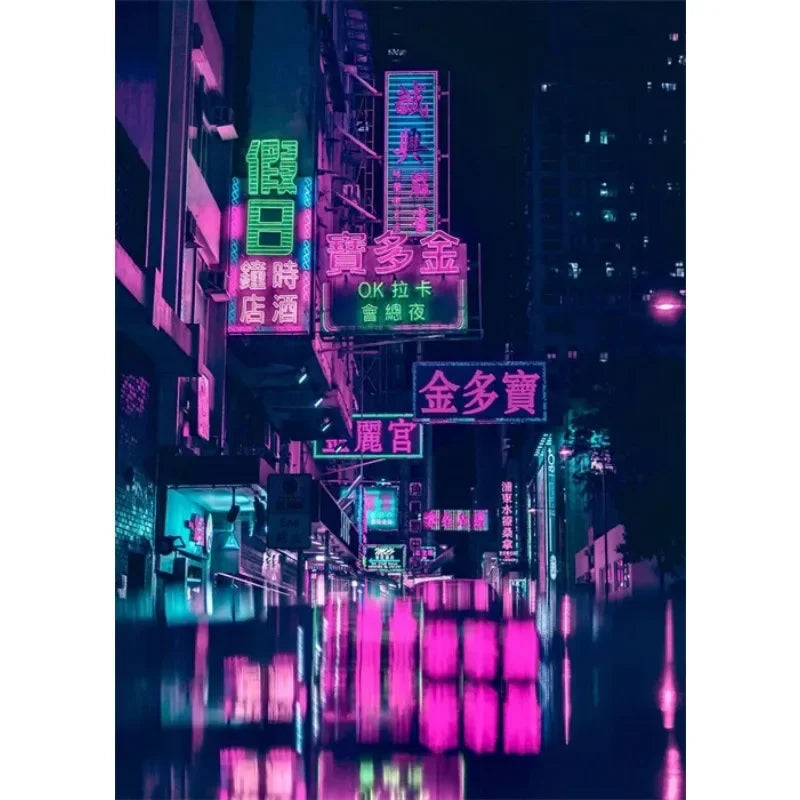 Neon-lit city street at night with reflective water surface
