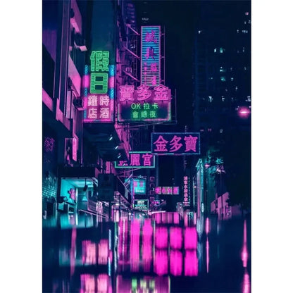 Neon-lit city street at night with reflective water surface