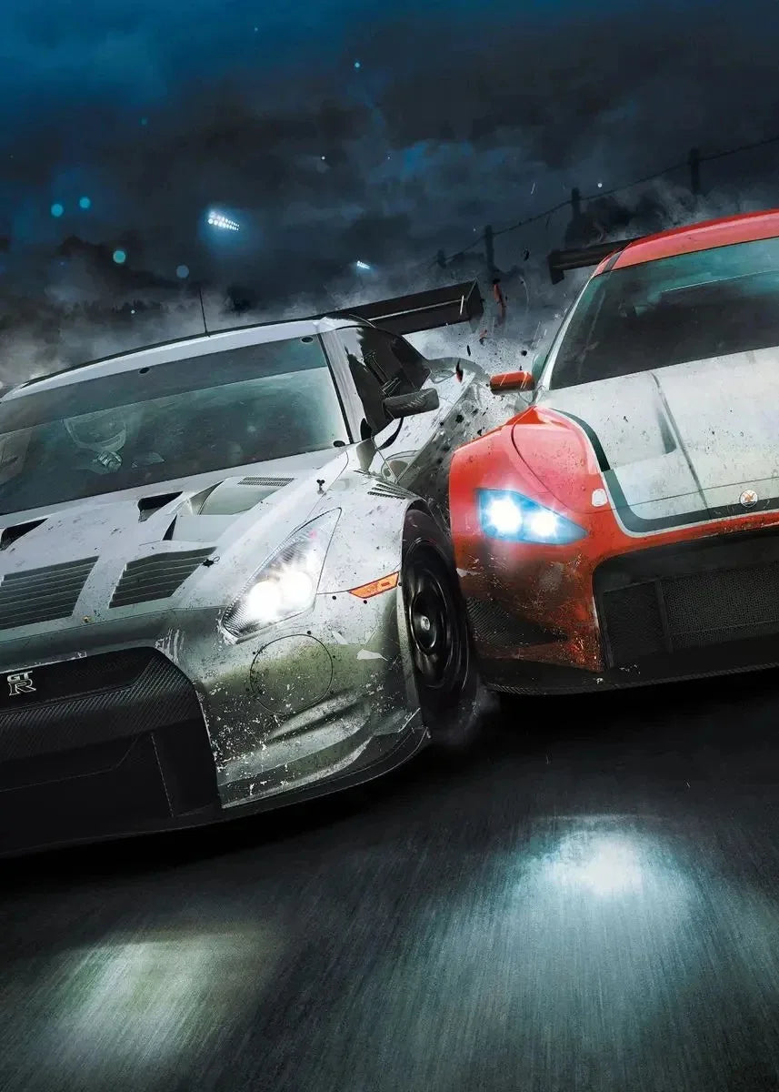 Two high-performance cars on a wet track with a dark, stormy sky.