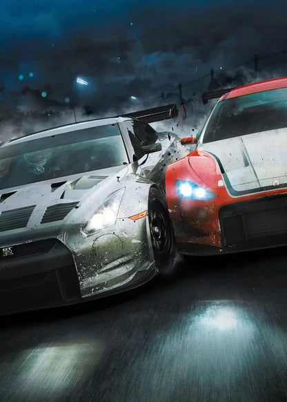 Two high-performance cars on a wet track with a dark, stormy sky.