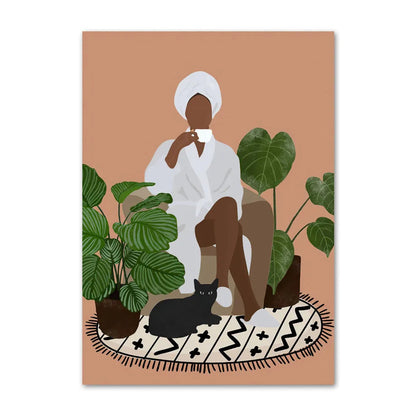 Illustration of a person sitting with plants and a cat on a patterned rug against a brown background