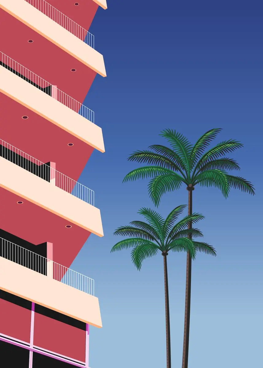 Red apartment building with balconies and palm trees against a blue sky