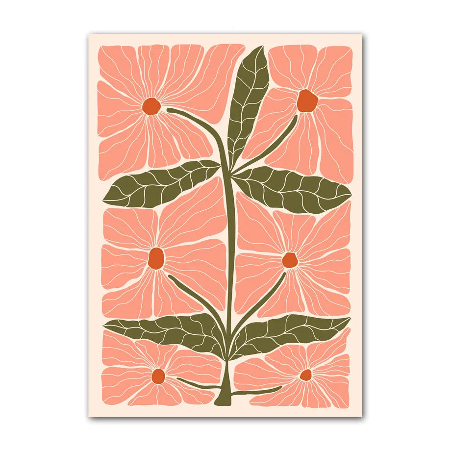 Floral design with pink flowers and green leaves on a beige background