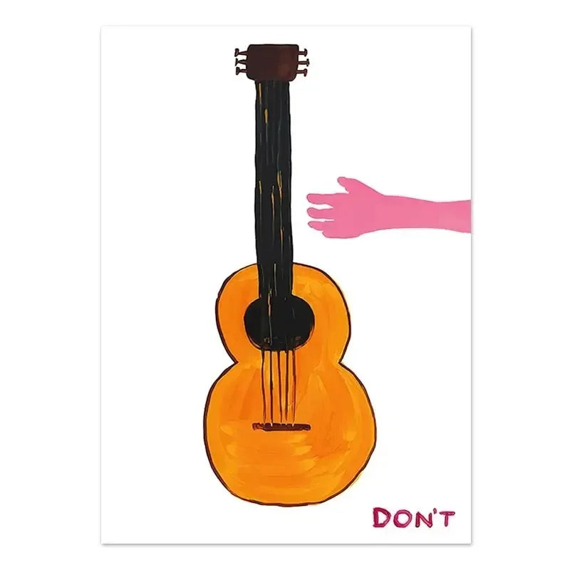 Guitar with a pink hand reaching towards it, labeled 'DON'T', on a white background