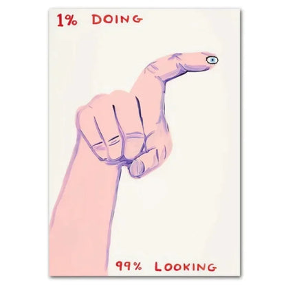 Illustration of a hand with a snake-like body and text '1% DOING' and '99% LOOKING' on a white background.