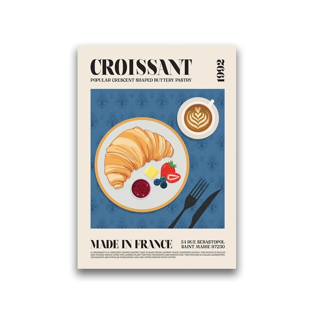 Poster with croissant, coffee, and berries on a plate against a blue background